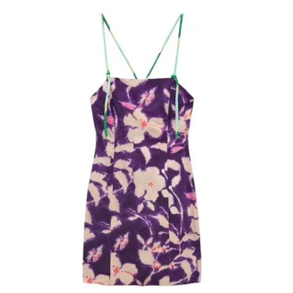Zara Purple Floral Print Linen Spaghetti Strap Mini Dress Size Large - Picture 2 of 10